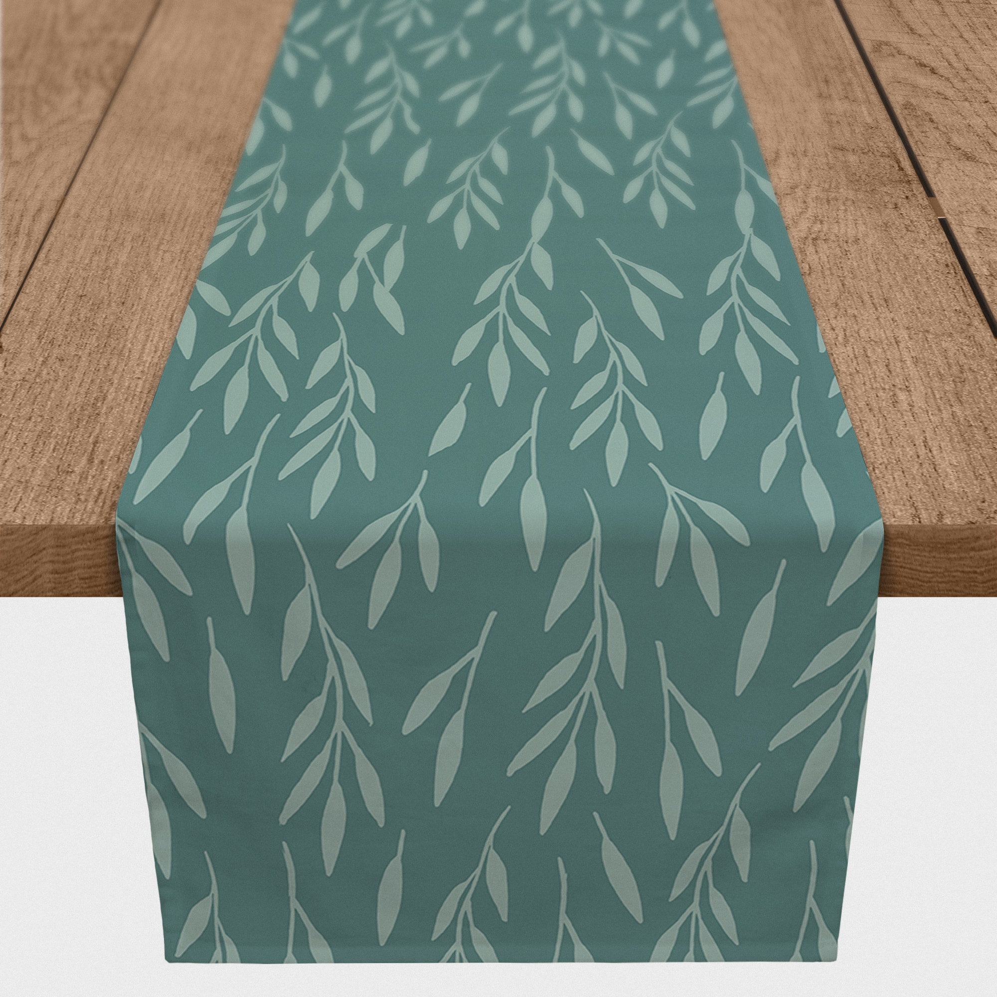 90" Teal & Mint Leaves Cotton Twill Table Runner